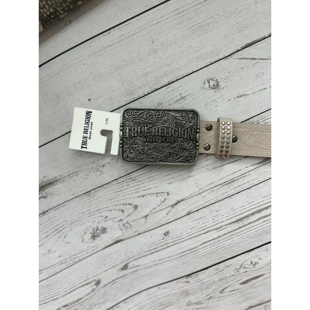 True Religion Womens Embossed Western‎ Studded Belt Cream Silver Buckle L/XL NEW